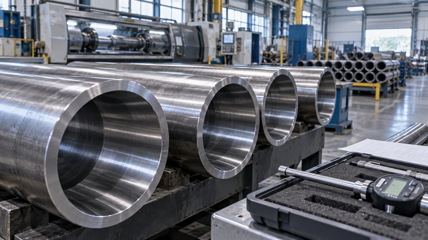 Hydraulic cylinder honed steel tubes undergoing precision bore inspection