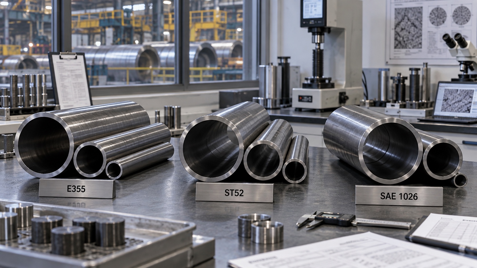 E355 ST52 and SAE 1026 honed tube material samples in a quality laboratory