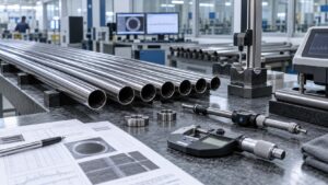 Precision steel tubes with micrometers and bore gauges on an inspection bench