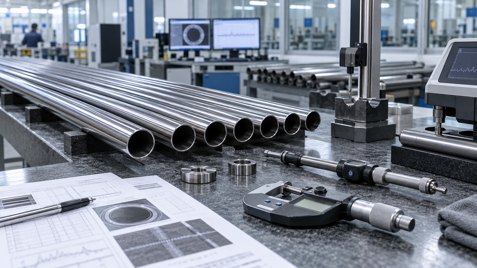 Precision steel tubes with micrometers and bore gauges on an inspection bench