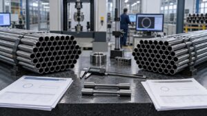 Two bundles of seamless precision steel tubes compared in a metallurgical laboratory