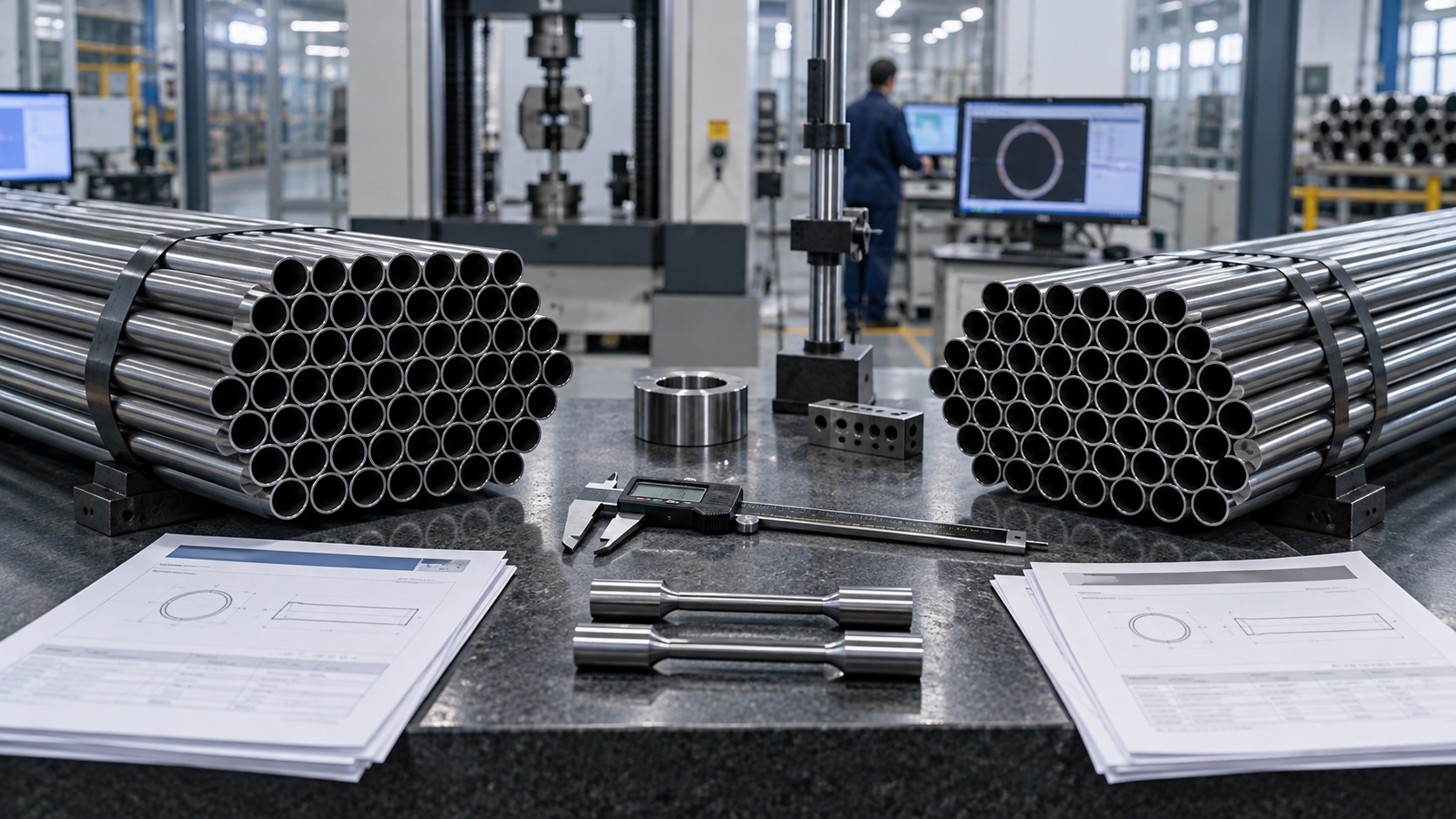 Two bundles of seamless precision steel tubes compared in a metallurgical laboratory