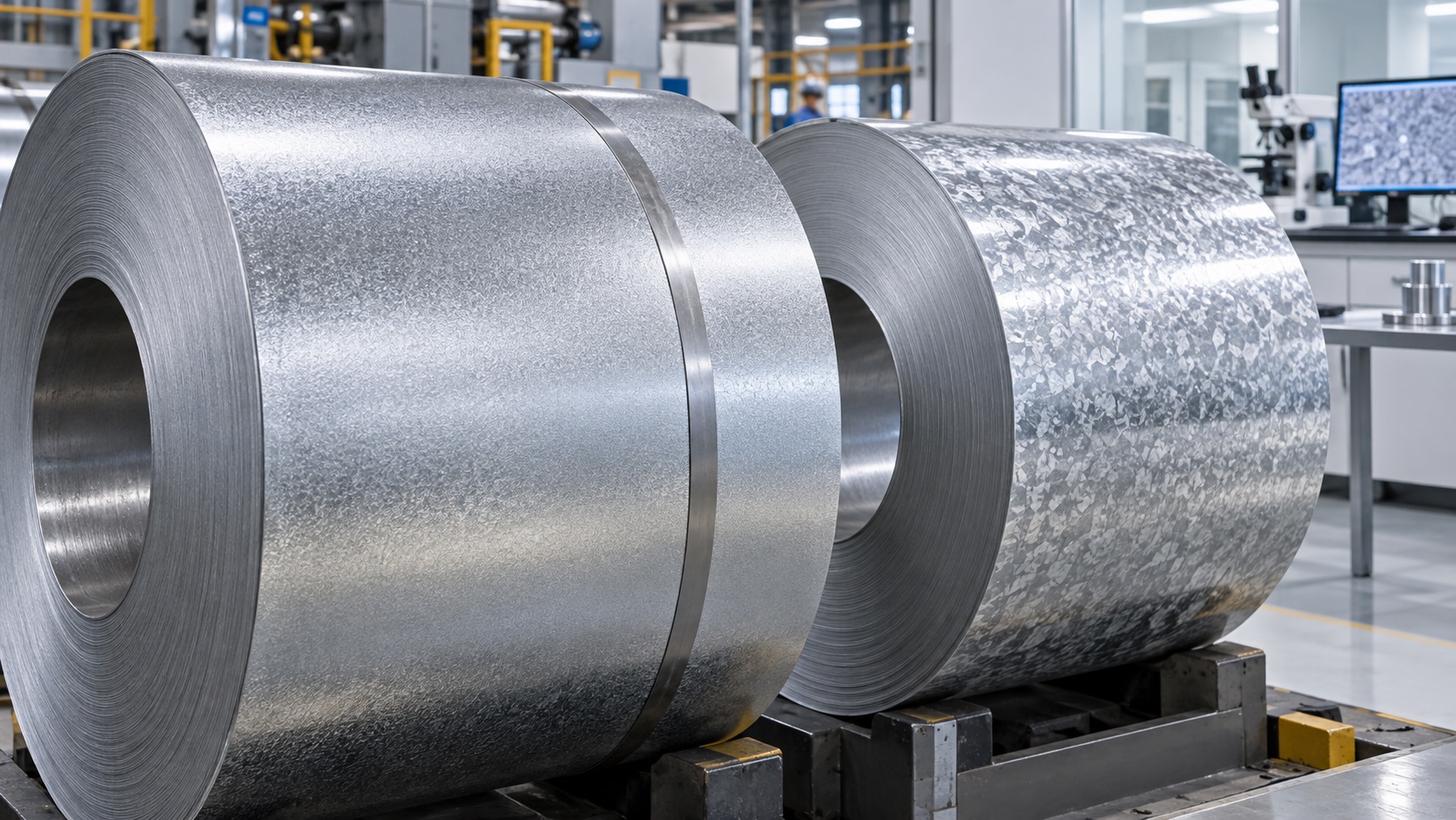 Galvanized steel coils with two zinc surface finishes in a quality laboratory