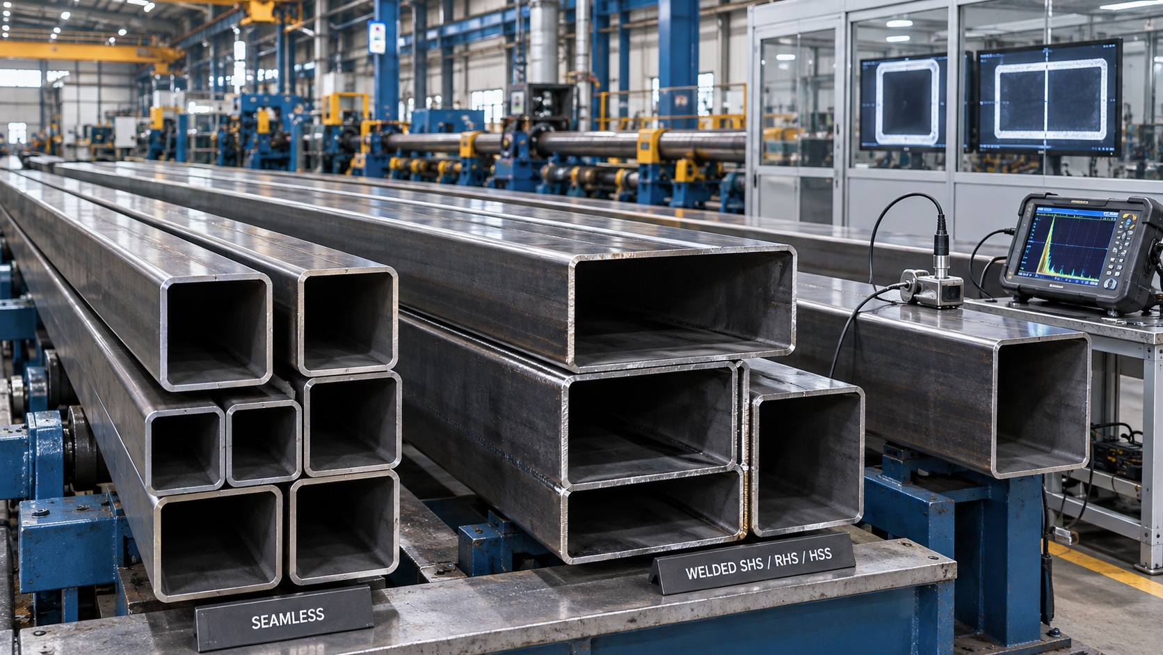 Seamless and welded square rectangular steel tubes under ultrasonic inspection